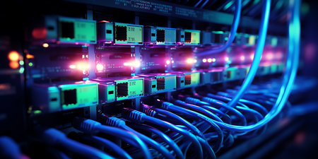 Telecommunication Ethernet Cables Connected to Internet Switch, Data Center Conceptの素材