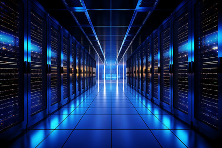 Data center with multiple rows of fully operational server racks living room.の素材