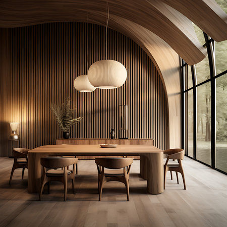 Interior of modern kitchen with wooden walls, wooden cupboards and round wooden table.の素材