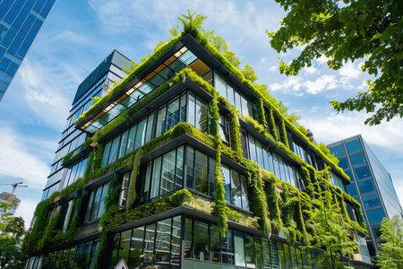 Modern office building with green plant and blue skyの素材
