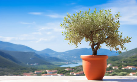 Olive tree in a terracotta pot on the terrace overlooking the seaの素材