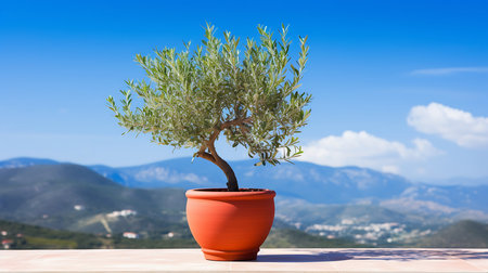 Olive tree in a terracotta pot on the terrace overlooking the seaの素材