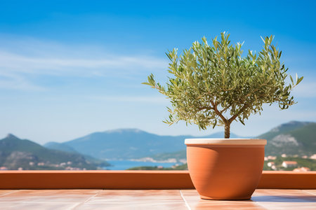 Olive tree in a terracotta pot on the terrace overlooking the seaの素材