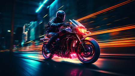 Motorcyclist riding a motorcycle with neon lights on a dark backgroundの素材