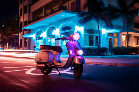 Vespa scooter parked in Miami Beach at nightの素材