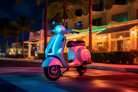 Vespa scooter parked in Miami Beach at nightの素材