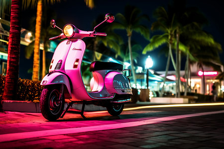 Classic scooter parked in Miami Beach at nightの素材