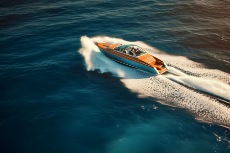 Aerial view of luxury speedboat floating on the seaの素材