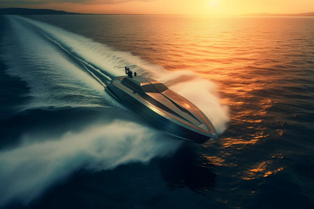 Luxury motorboat on the sea. Speedboat at sunsetの素材