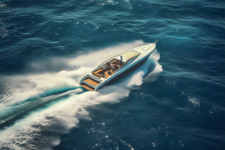 Aerial view of luxury speedboat floating on the seaの素材