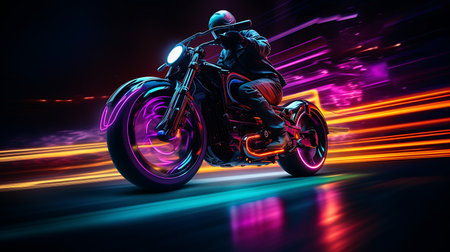 Motorcyclist riding on the road at night with neon lightsの素材