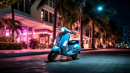 Vintage scooter at night in Miami, Florida, USAの素材