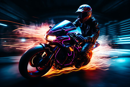 Motorcyclist riding on a motorcycle on a dark smoky neon lights backgroundの素材