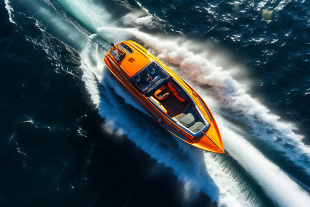 Aerial view of luxury motorboat floating on the seaの素材