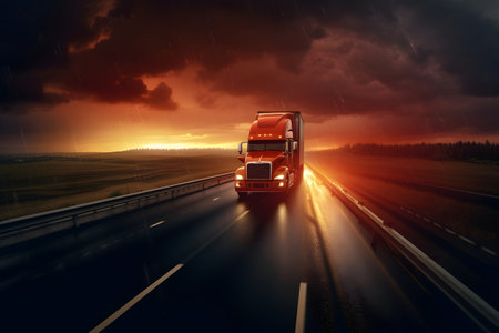 Truck with container on highway, cargo transportationの素材