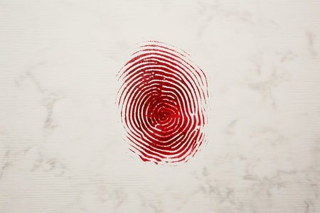 Red fingerprint on a white marble background.の素材