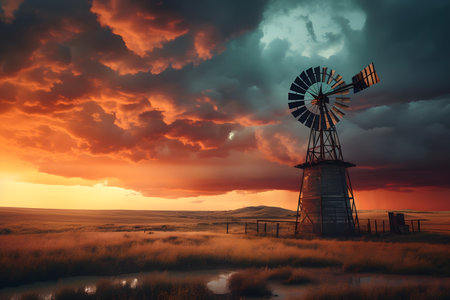 Windmill in the field at sunsetの素材