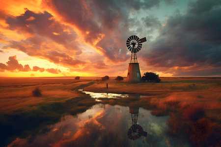 Windmill at sunset and cloudy skyの素材