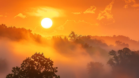 Beautiful sunrise in the misty morning with tree in the foregroundの素材