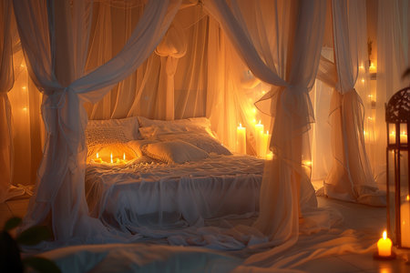 Romantic bedroom interior design with candlelight at nightの素材