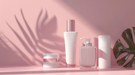 Cosmetic bottle containers with tropical leaves shadow on the wallの素材