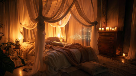 Romantic bedroom interior design with candlelight at nightの素材
