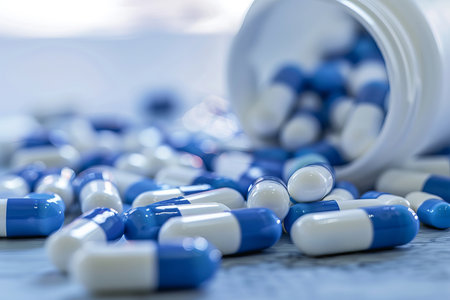Blue and white Pills spilling out of pill bottleの素材