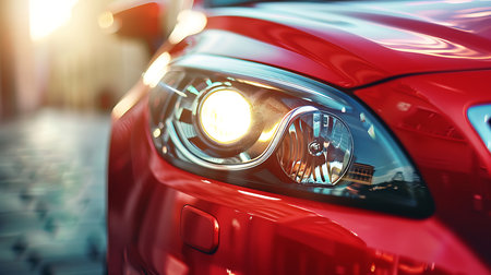 Macro view of car headlight of modern red carの素材