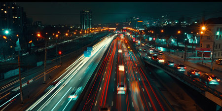 Car lights on the road in a modern city at nightの素材