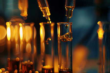 Dripping liquid from a pipette into a test tube in the laboratoryの素材