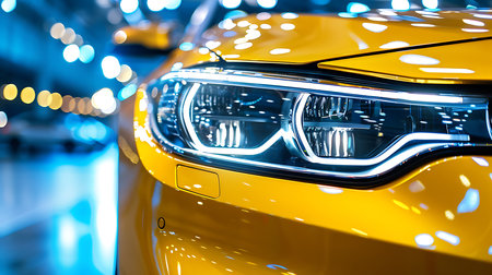 Macro view of car headlight of modern yellow carの素材