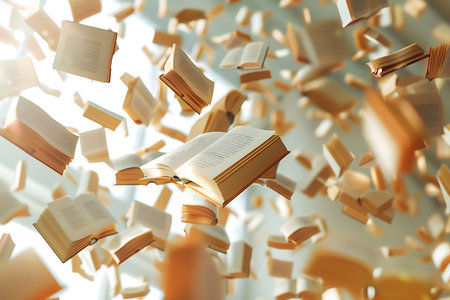 Lots of books flying in the air on a light backgroundの素材