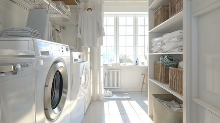 Laundry room interior with washing machine and clothesの素材
