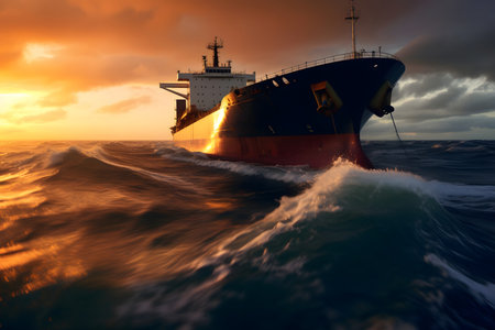 Large tanker ship sailing in the sea at sunsetの素材