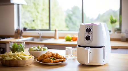 Modern electric kettle on the table in the kitchen. Modern kitchen.の素材