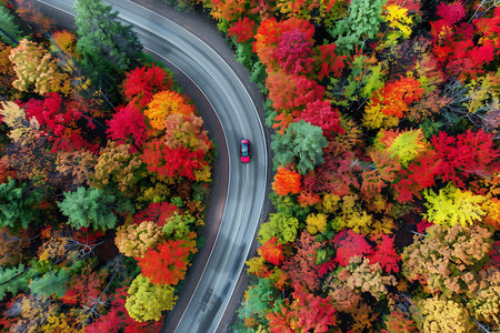 Aerial view of a car driving on the road in the autumn forestの素材