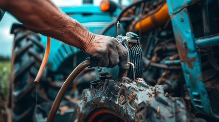 Close up worker working on a engine used in agricultureの素材