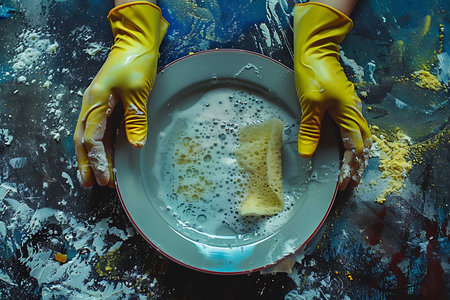 Top view of hands in yellow gloves washing dishes with sponge and detergentの素材