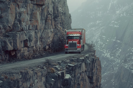 Truck on the road in the foggy mountains, landscapeの素材