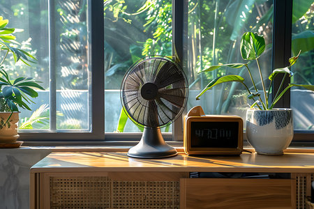 Vintage electric fan on wooden cabinet near windowの素材