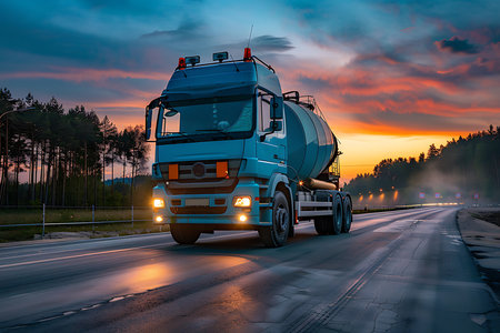 Truck with tank on the road at sunsetの素材