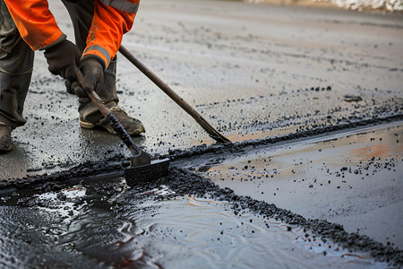Worker in rubber boots coated filling asphalt cracksの素材