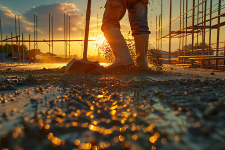 Worker pouring concrete in formwork at construction site, closeupの素材