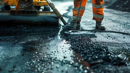 Worker in rubber boots coated filling asphalt cracksの素材