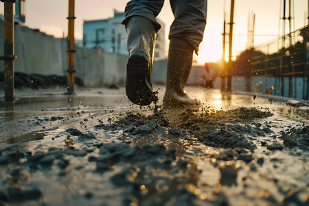 Worker pouring concrete in formwork at construction site, closeupの素材