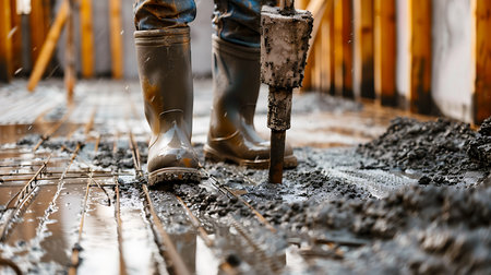 Worker pouring concrete in formwork at construction site, closeupの素材