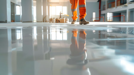 Worker installing a floor in a building at a construction siteの素材