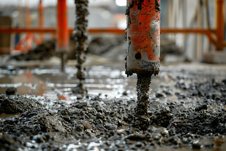 Worker pouring concrete on the construction site, closeupの素材