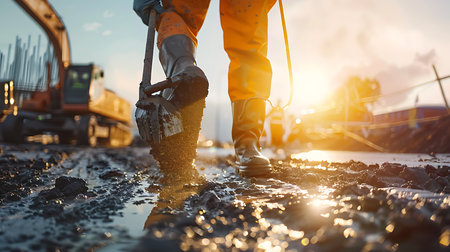 Worker with shovel on road construction site at sunsetの素材