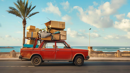 A car carrying a lot of boxes on the roofの素材